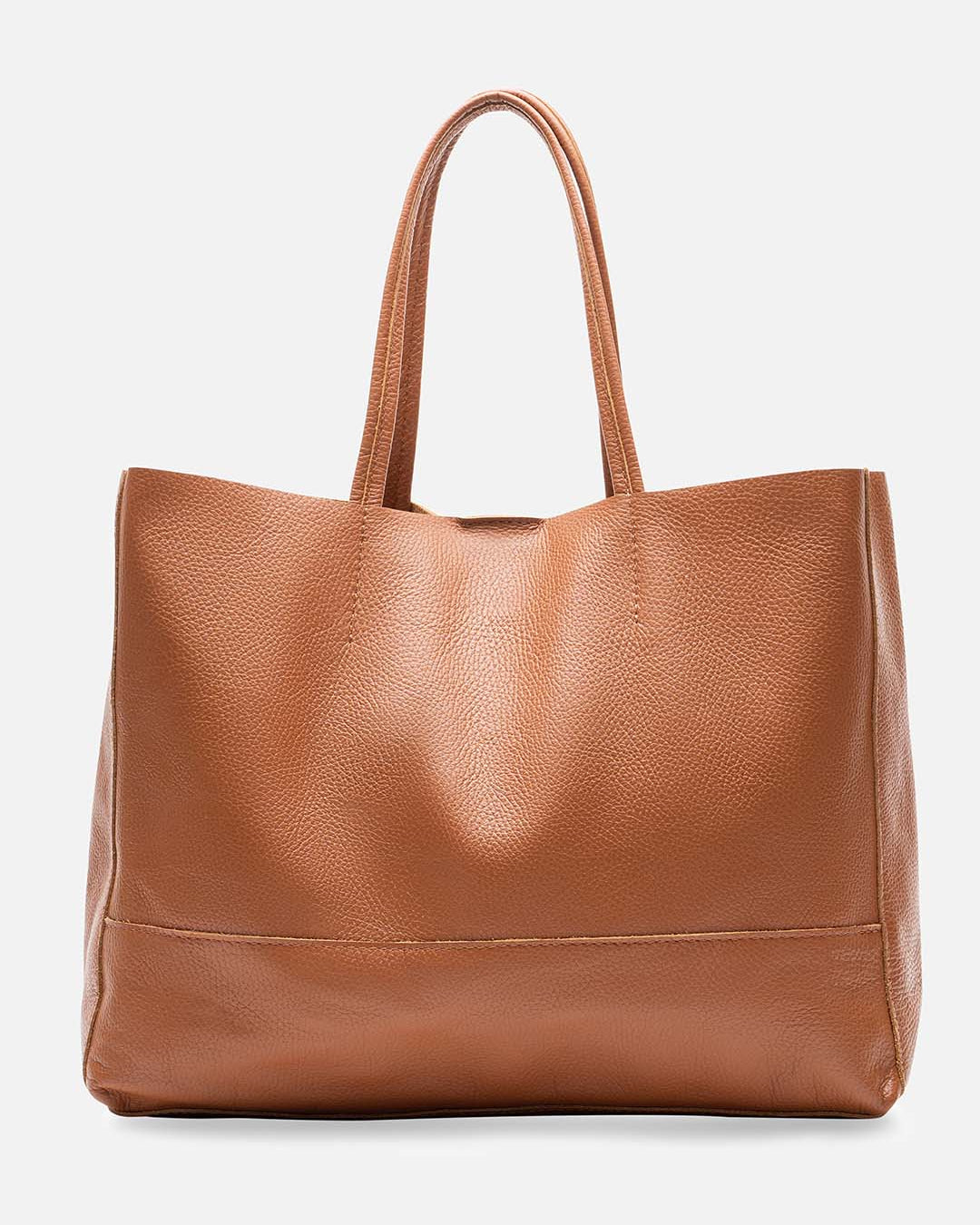 Brown leather tote bag on a white background
