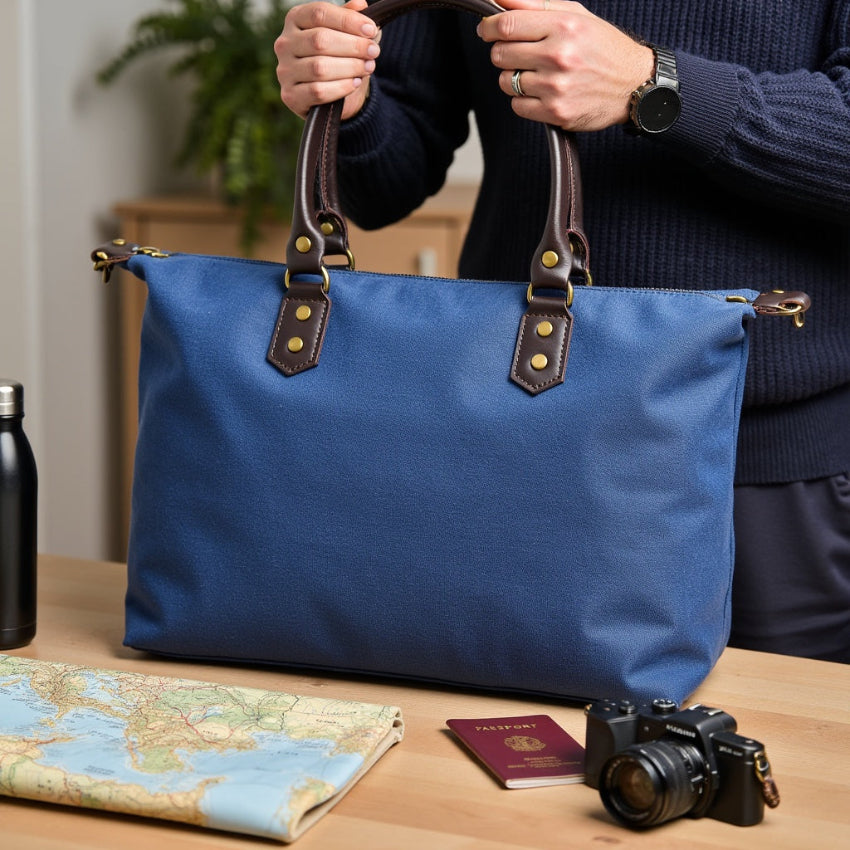Blue duffel bag with black straps on a light gray background