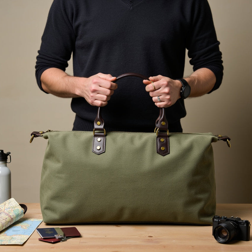 Green duffel bag with black straps on a light gray background