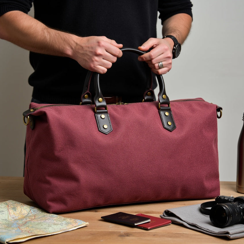 Burgundy duffel bag with black straps on a light gray background