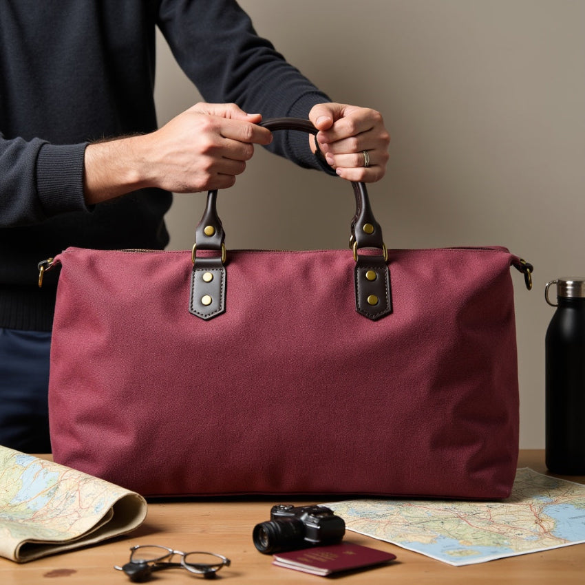 Burgundy duffle with black straps on a light gray background