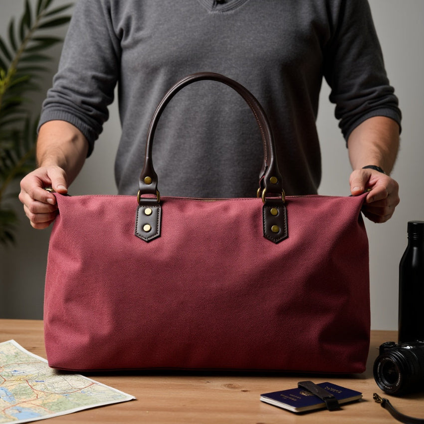 Burgundy duffel bag with black straps on a light gray background
