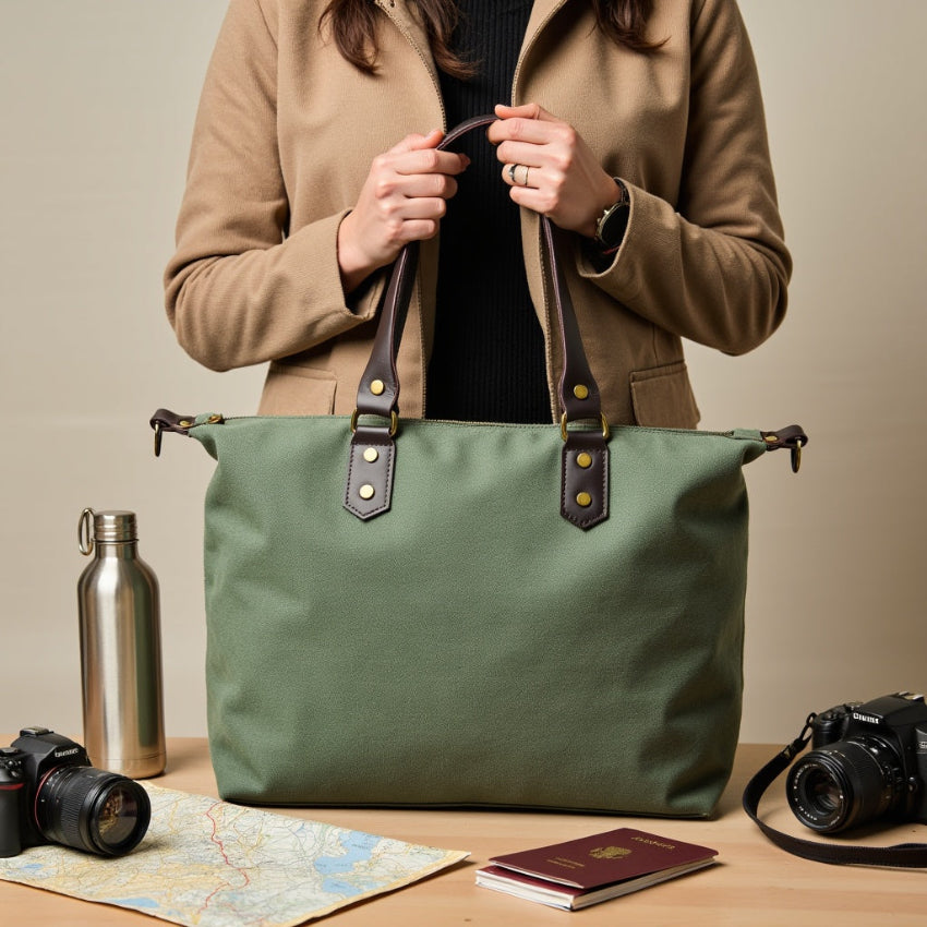Green canvas tote bag with black straps on a light gray background